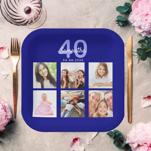 Birthday navy blue photo collage paper plate