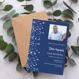 Birthday navy blue photo confetti invitation
