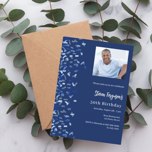 Birthday navy blue photo confetti invitation (Creator Uploaded)