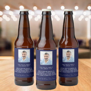 Birthday navy blue photo fun facts bio guys man beer bottle label