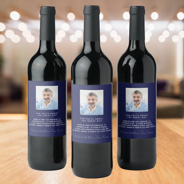 Birthday navy blue photo fun facts bio guys man wine label (Creator Uploaded)