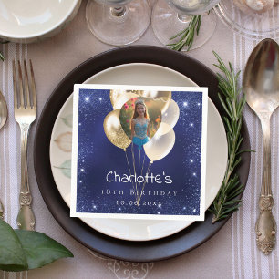 Birthday navy blue photo glitter gold balloons napkin