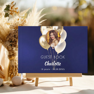 Birthday navy blue photo gold balloons guest book