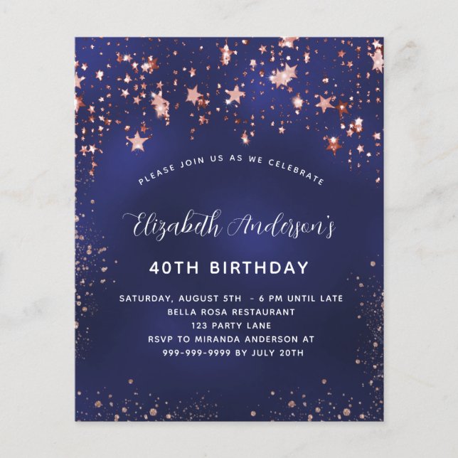 Birthday navy blue rose gold budget invitation flyer (Front)