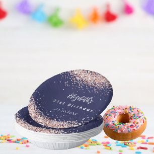 Birthday navy blue rose gold confetti paper plate