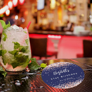 Birthday navy blue rose gold confetti round paper coaster