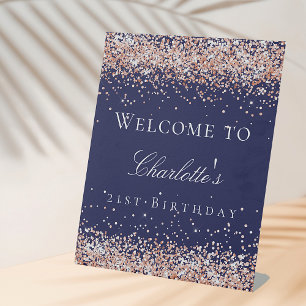 Birthday navy blue rose gold glitter welcome pedestal sign