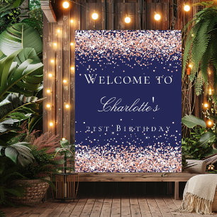 Birthday navy blue rose gold glitter welcome poster