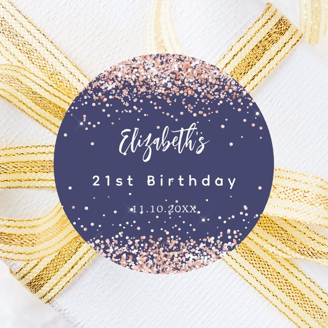 Birthday navy blue rose gold name classic round sticker (Creator Uploaded)