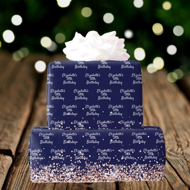 Birthday navy blue rose gold name elegant wrapping paper (Creator Uploaded)