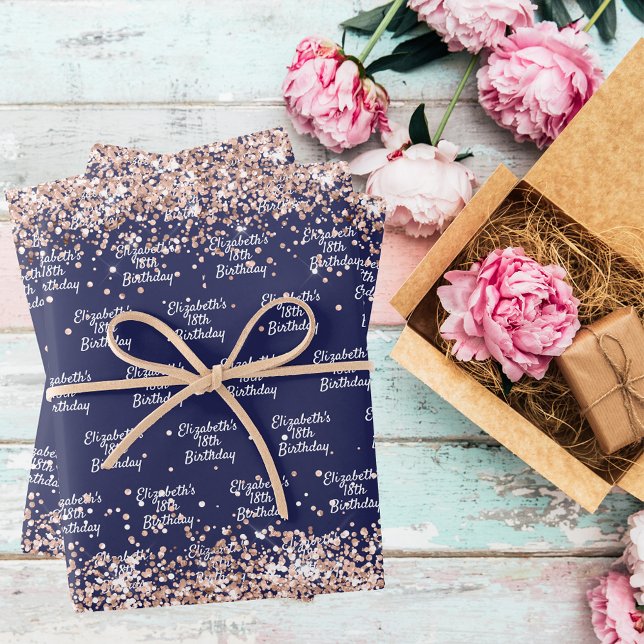 Birthday navy blue rose gold name elegant wrapping paper sheet (Creator Uploaded)