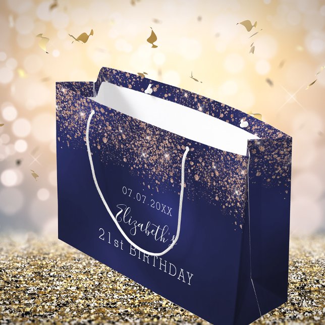 Birthday navy blue rose gold sparkles balloons large gift bag (Creator Uploaded)