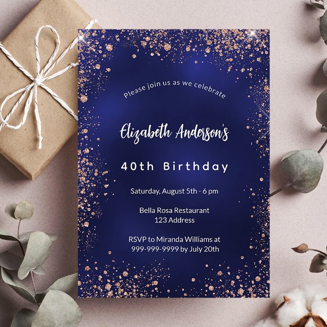 Birthday navy blue rose gold sparkles glamourous invitation postcard (Creator Uploaded)
