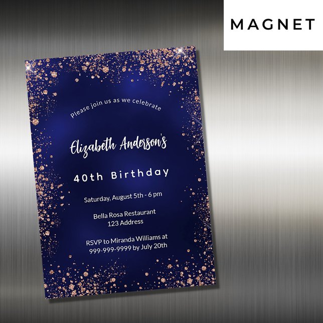 Birthday navy blue rose gold sparkles luxury magnetic invitation (Creator Uploaded)