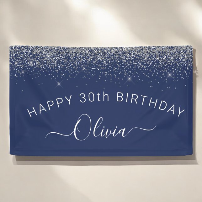 Birthday Navy Blue Silver Any Age Glitter Girly Banner (Creator Uploaded)