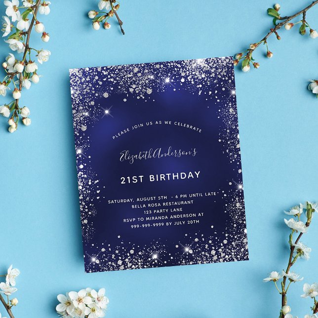 Birthday navy blue silver budget invitation flyer (Creator Uploaded)