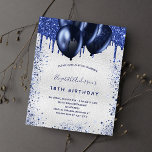 Birthday navy blue silver budget invitation flyer<br><div class="desc">Please note that this invitation is on flyer paper and very thin. Envelopes are not included. For thicker invitations (same design) please visit our store. A girly and feminine 18th (or any age) birthday party invitation. On front: A faux silver background. Decorated with navy blue faux glitter drips, paint dripping...</div>