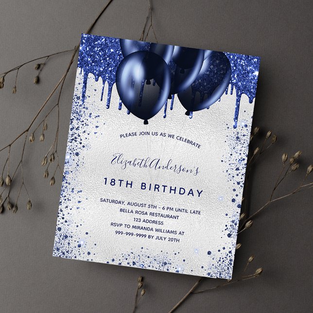 Birthday navy blue silver budget invitation flyer (Creator Uploaded)