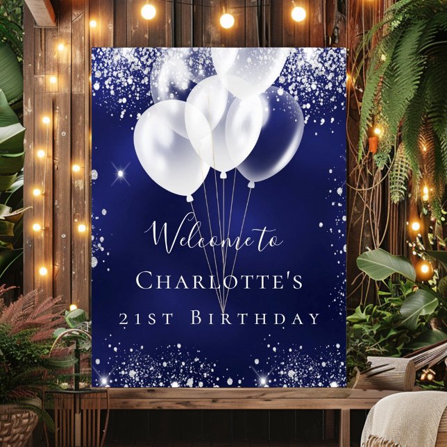 Birthday navy blue silver glitter balloons welcome poster (Creator Uploaded)