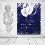 Birthday navy blue silver glitter balloons welcome poster<br><div class="desc">A welcome poster for a girly and glamorous 21st (or any age) birthday party.  A navy blue background with elegant faux silver dust and white balloons. The blue color is uneven.  Personalize and add a name and age 21.  White letters. 
Back: no design</div>