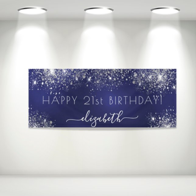 Birthday navy blue silver glitter dust monogram banner (Creator Uploaded)