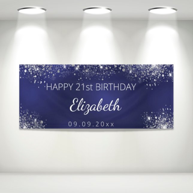 Birthday navy blue silver glitter dust monogram banner (Creator Uploaded)
