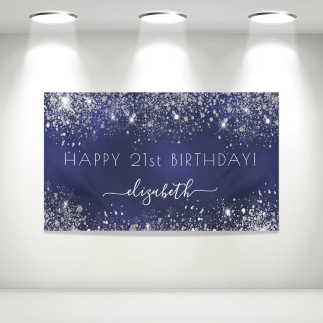 Birthday navy blue silver glitter dust monogram banner (Creator Uploaded)