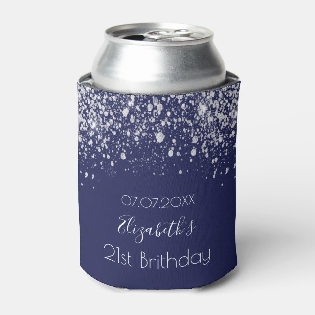 Birthday navy blue silver glitter dust monogram can cooler (Can Front)