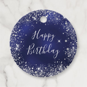 Birthday navy blue silver glitter dust monogram favour tags