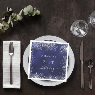 Birthday navy blue silver glitter dust monogram napkin