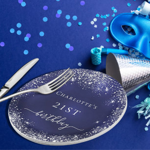 Birthday navy blue silver glitter dust monogram paper plate