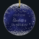 Birthday navy blue silver glitter friends ceramic ornament<br><div class="desc">An ornament for a girly and glamorous 21st (or any age)  birthday . A navy blue background with faux silver glitter,  sparkles. The blue color is uneven. On the front: Personalize and add a date,  a name and age.
Back:  Happy birthday and names from friends.</div>