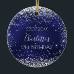 Birthday navy blue silver glitter friends ceramic ornament<br><div class="desc">An ornament for a girly and glamorous 21st (or any age)  birthday . A navy blue background with faux silver glitter,  sparkles. The blue color is uneven. On the front: Personalize and add a date,  a name and age.
Back:  Happy birthday and names from friends.</div>