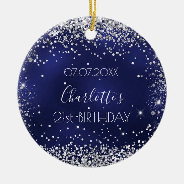 Birthday navy blue silver glitter friends ceramic ornament (Front)