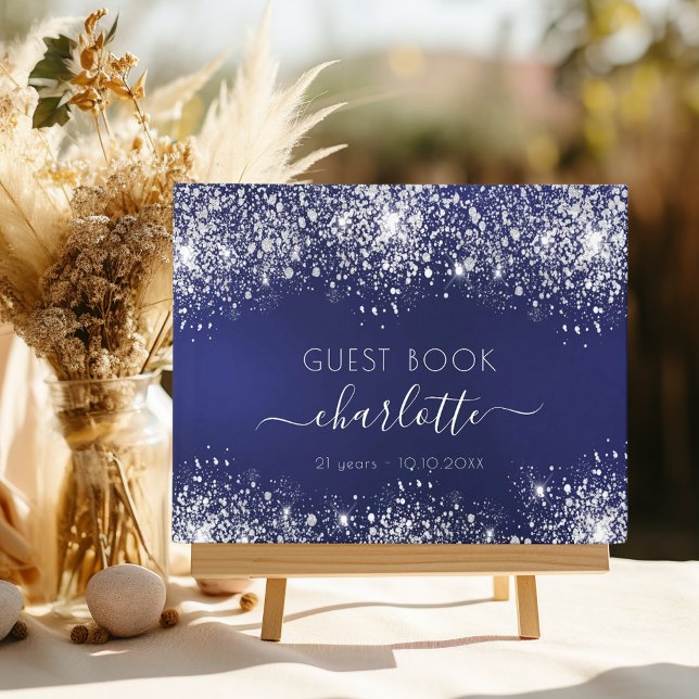 Birthday navy blue silver glitter monogram guest book (Creator Uploaded)