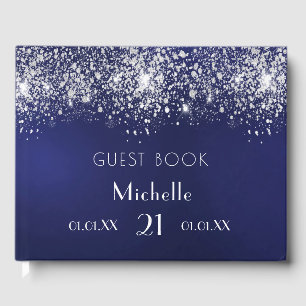 Birthday navy blue silver glitter monogram guest book