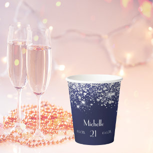 Birthday navy blue silver glitter monogram paper cups