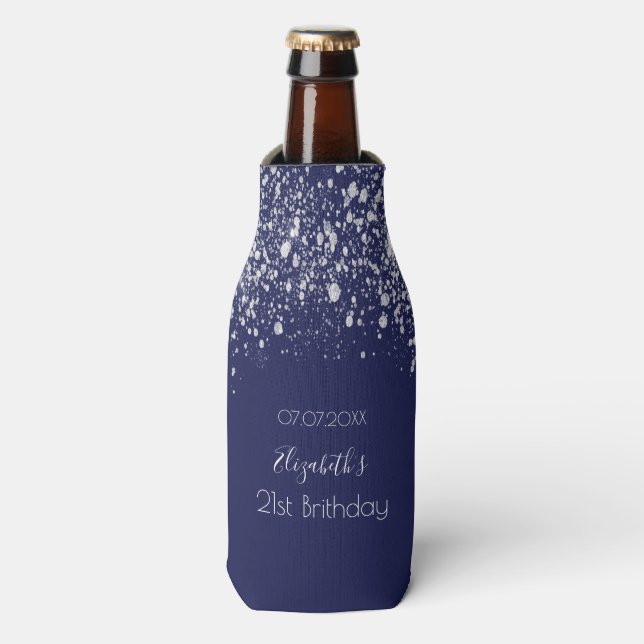 Birthday navy blue silver glitter name bottle cooler (Bottle Front)