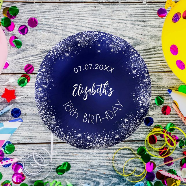 Birthday navy blue silver glitter name paper plate (Creator Uploaded)