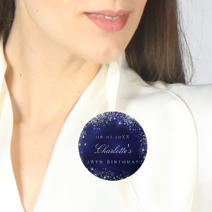 Birthday navy blue silver glitter name tag 6 cm round badge