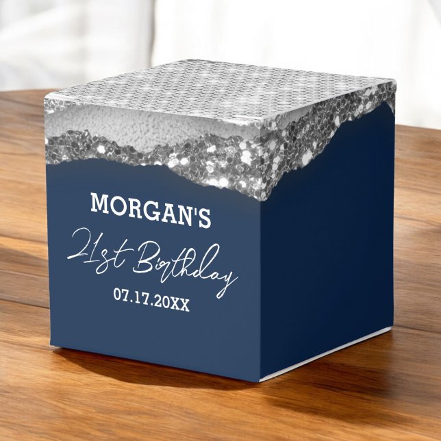 Birthday Navy Blue Silver Glitter Name Thank You Favour Box (Creator Uploaded)