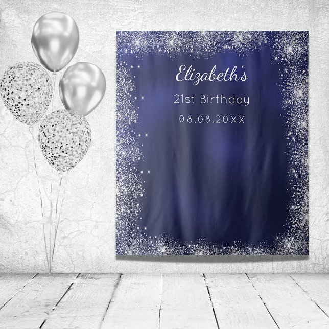 Birthday navy blue silver glitter photo backdrop tapestry (Creator Uploaded)