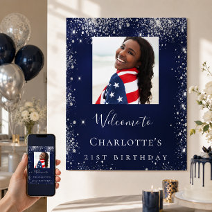 Birthday navy blue silver glitter photo welcome poster