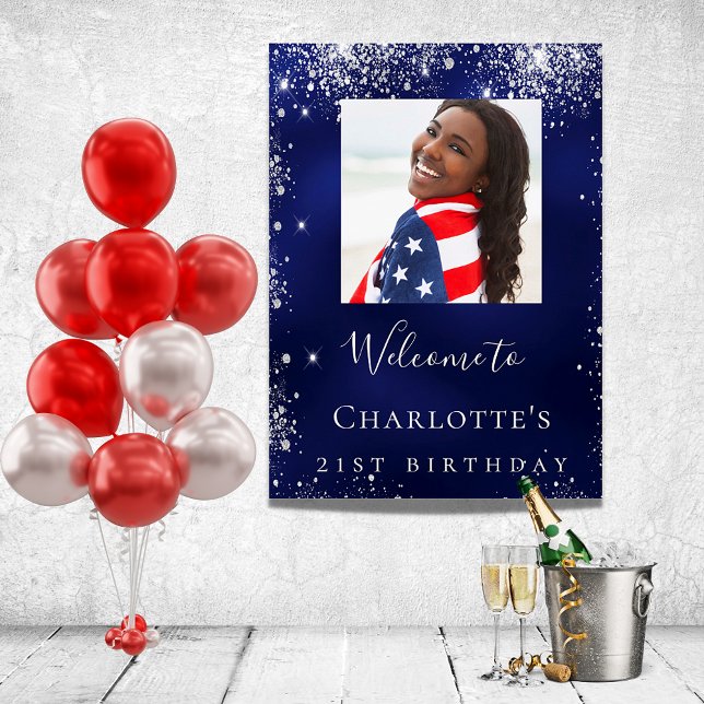 Birthday navy blue silver glitter photo welcome poster (Creator Uploaded)