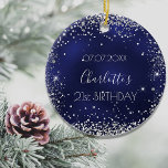 Birthday navy blue silver glitter sparkles ceramic ornament<br><div class="desc">An ornament for a girly and glamourous 21st (or any age)  birthday . A navy blue background with faux silver glitter,  sparkles. The blue colour is uneven. On the front: Personalise and add a date,  a name and age.</div>