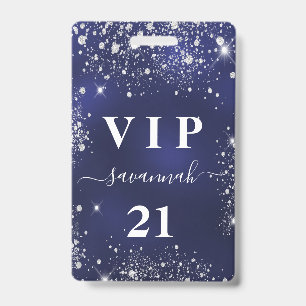 Birthday navy blue silver glitter vip invitation ID badge