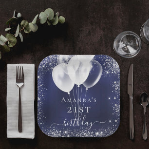 Birthday navy blue silver glitter white balloons paper plate