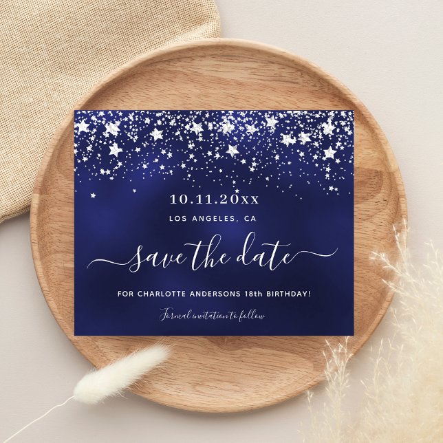Birthday navy blue silver party save the date card (Creator Uploaded)