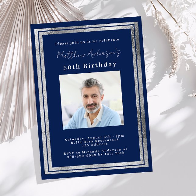 Birthday navy blue silver photo invitation (Creator Uploaded)