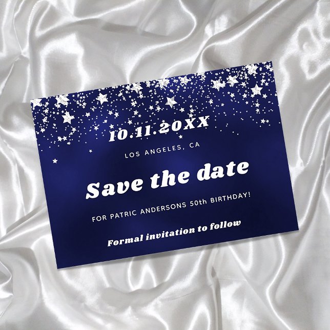 Birthday navy blue silver stars save date card (Creator Uploaded)